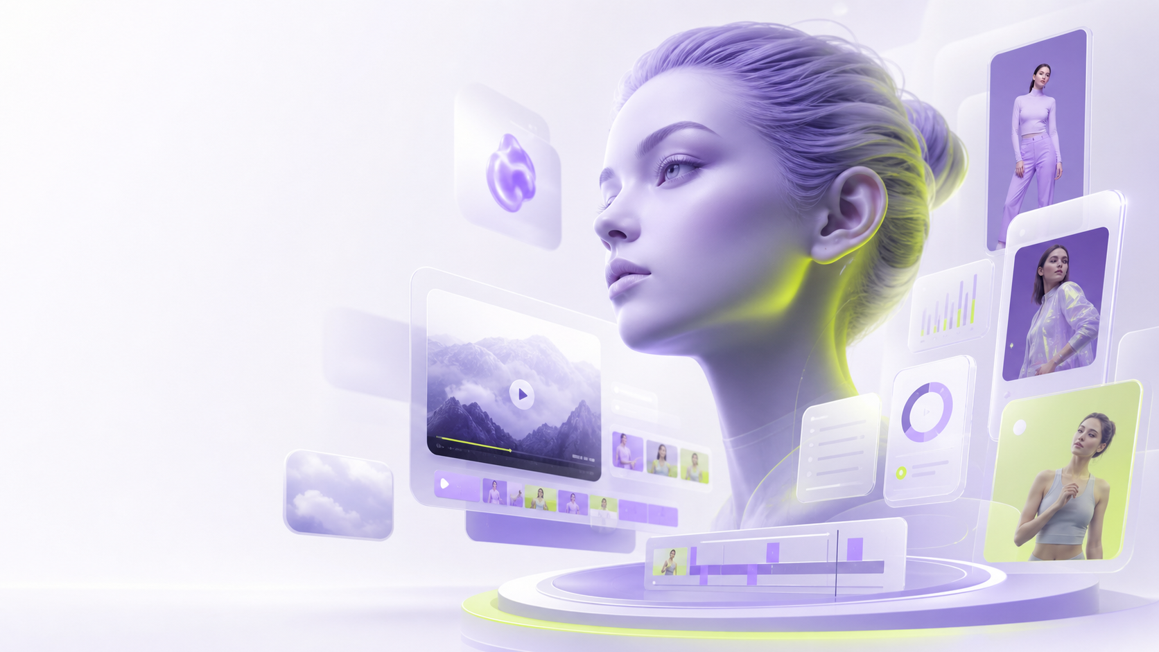 Футуристичный AI-аватар Altera AI с интерфейсными карточками